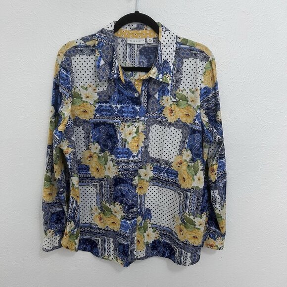 Susan Graver Tops - Susan Graver Colorful Button Up Top 16 Blue Yellow Floral Cottagecore Bloomcore
